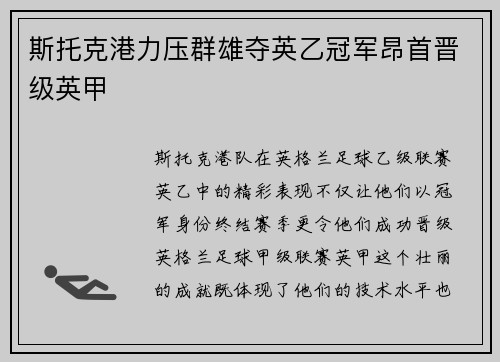斯托克港力压群雄夺英乙冠军昂首晋级英甲