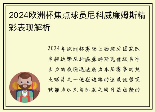 2024欧洲杯焦点球员尼科威廉姆斯精彩表现解析