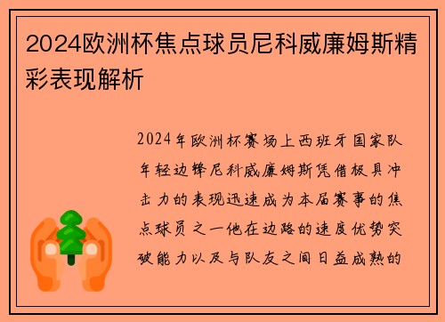 2024欧洲杯焦点球员尼科威廉姆斯精彩表现解析